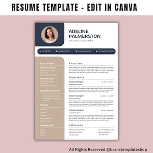 Pode incluir: Um modelo de currículo com foto, nome e informações de contato. O currículo inclui seções para educação, experiência, habilidades e proficiência em idiomas. O texto "RESUME TEMPLATE - EDIT IN CANVA" está no topo. O design é em tons de bege, branco e azul marinho.