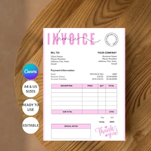 May include: A pink and white invoice template with the word "Invoice" in a stylish font. The template includes sections for client and company information, payment details, and a "Thank you!" message. It is available in A4 and US sizes and is ready to use and editable.