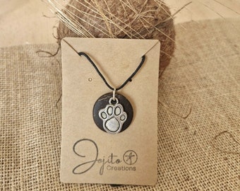 Dog Lover,Silver PAW PRINT with COCONUT Shell backing, Dog, pet, animal Pendant on waxed cotton string with sliding knot. Animal Lovers Gift