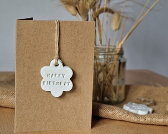 Happy Birthday personalised Clay tag Card, Blank Inside Kraft card. Customise your clay tag to go on card.