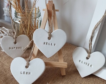 Personalised Clay White HEART Hanging Decoration, Tree Name Decoration, Wedding Favours, Handmade Clay Name Tag, hung on a hemp