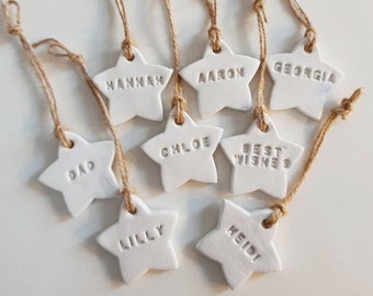 Personalised Clay White STAR Gift Tag, Christmas Tree Name Decoration, Wedding Favours, Handmade Name Tag, hung on a hemp