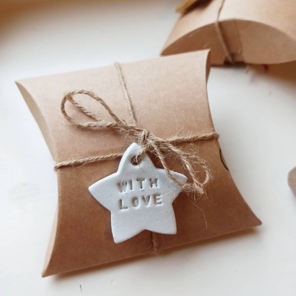 Clay White STAR With Love & Best Wishes Gift Tags, Handmade Star Tags , hung on a Jute Twine