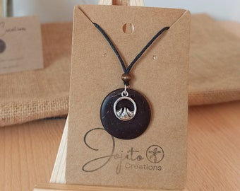 Wave or Mountain Silver charm Necklace on Coconut Shell backing, Coconut Shell Necklace hung on Cotton Cord. His and Hers pendants