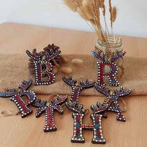 Personalised Antler LETTERS Hand painted wooden Christmas Tree Decorations. MANDALA Red and Gold Letters Reindeer. Christmas Ornaments.
