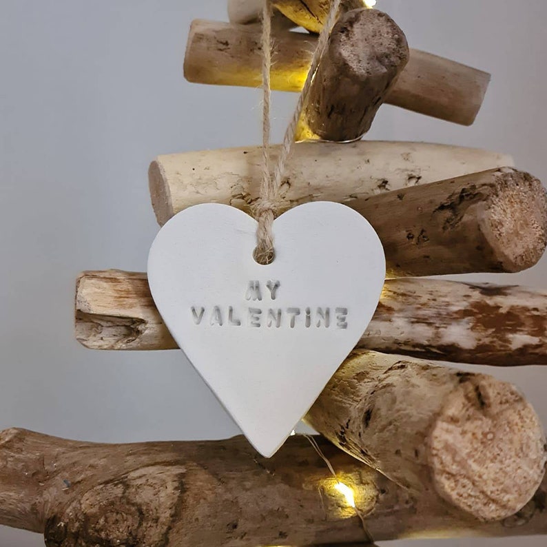 Personalised Clay White HEART Hanging Decoration, Tree Name Decoration, Wedding Favours, Handmade Clay Name Tag, hung on a hemp image 10