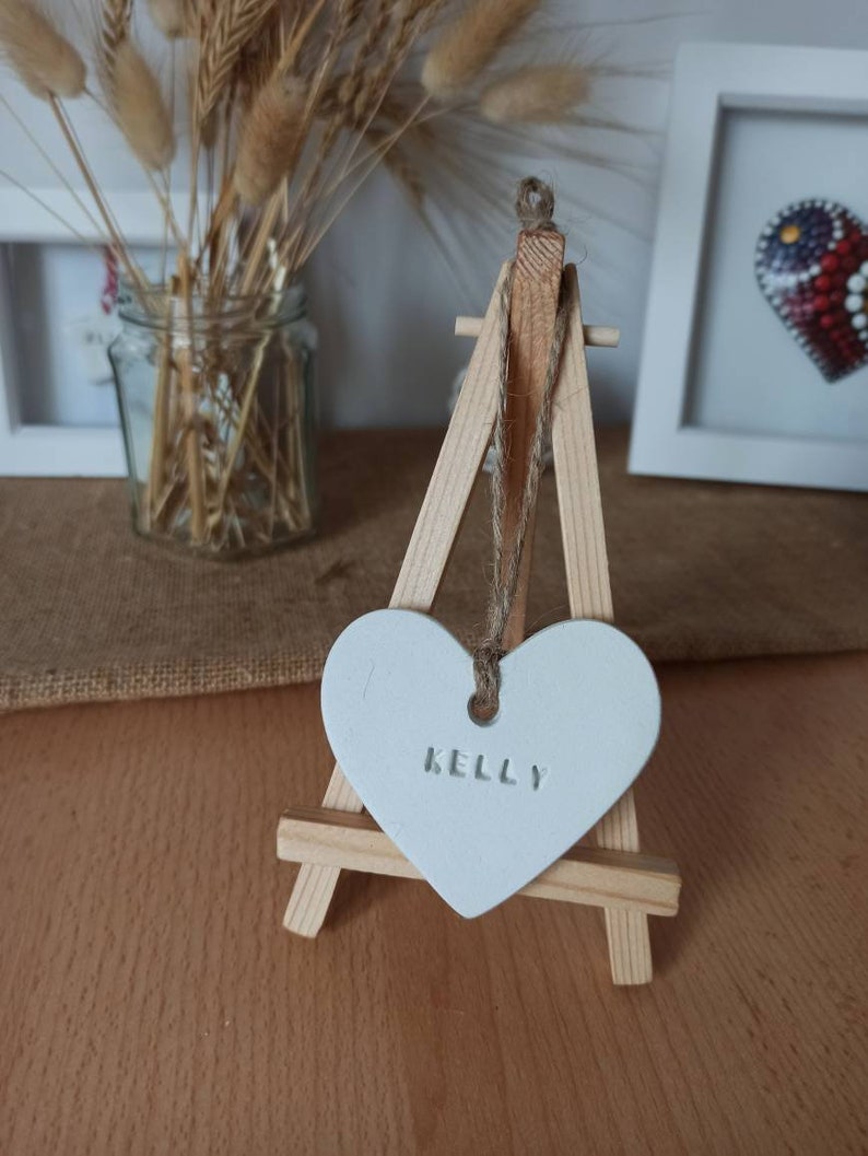 Personalised Clay White HEART Hanging Decoration, Tree Name Decoration, Wedding Favours, Handmade Clay Name Tag, hung on a hemp image 3