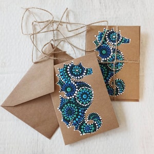Cartes de voeux hippocampe (lot de 3), cartes de mandala en acrylique peintes à la main. Cartes de voeux vierges, hippocampe à pois, cartes de la vie marine