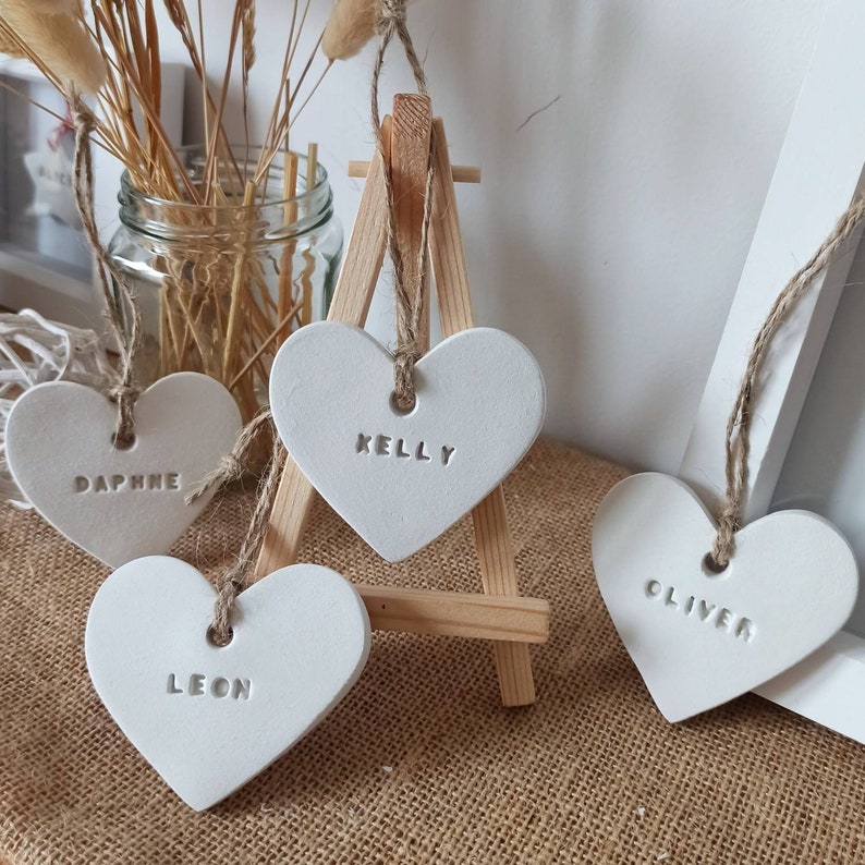 Personalised Clay White HEART Hanging Decoration, Valentines day gift, Wedding Favours, Baby Shower, Handmade Clay Name Tag, hung on hemp