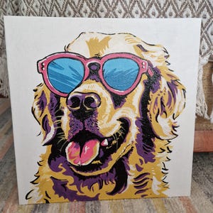 Acrylic Golden Retriever and Pop Art Horse, 10x10 inch hand painted Pop Art Animals with Sunglasses, Acrylic on canvas board with tri pod
