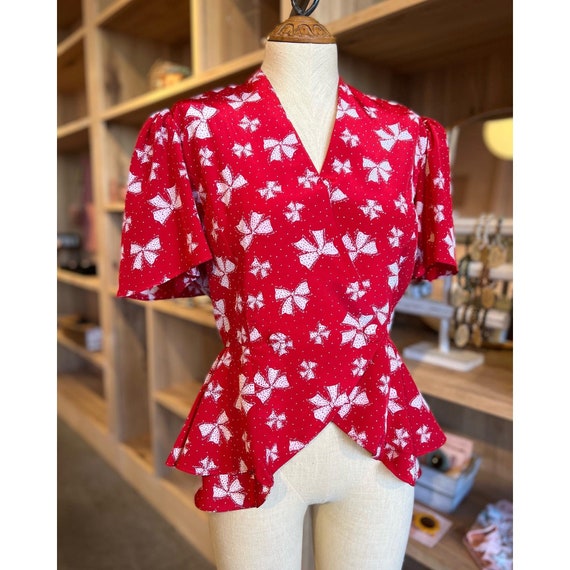 1980s does 1940s Cherry Red Peplum Bow Blouse - image 1