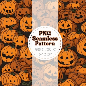 May include: A seamless pattern featuring orange jack-o'-lantern pumpkins with black eyes, noses, and mouths. The pumpkins are arranged in a repeating pattern on a dark background.