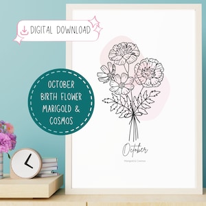 Naissance mois fleur Bouquet octobre cadeau ligne Art mur minimal imprimés floraux Boho Balance Scorpion cadeau Cosmos Marigold téléchargement immédiat
