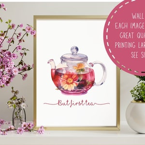 Mas primeiro chá decoração de arte de parede bule PNG parede aquarela download instantâneo diário lixo arte de parede xícara de chá aquarela festa de chá bule aquarela