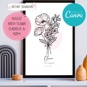 Buquê de flores personalizado para mês de nascimento, linha de presente de agosto, parede de arte, estampas florais mínimas, decoração Boho, Leo Virgo, papoula, gladíolo, modelo Canva