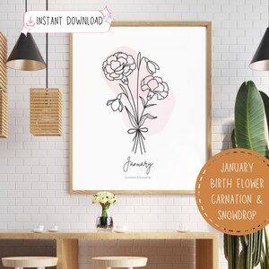 Geboortemaand bloemboeket januari cadeau lijnwerk minimale bloemenprints Boho Steenbok Waterman cadeau Holly Narcissus Instant Download