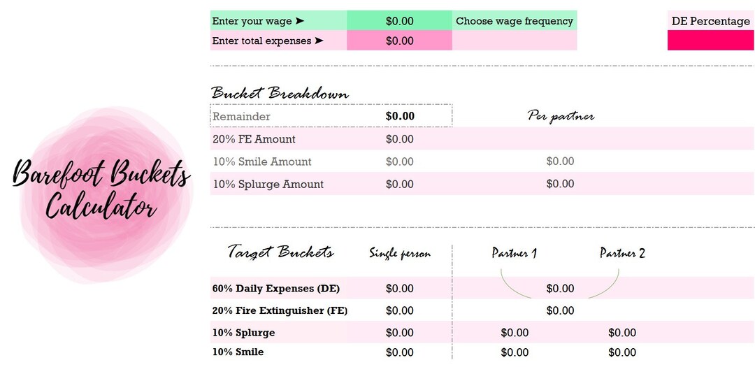 Excel Bucket Calculator for Barefoot Budget Calculator Etsy UK