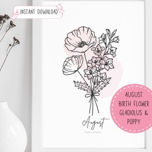 Mes de nacimiento Ramo de flores Agosto Línea de regalo Arte Pared Estampados florales mínimos Decoración boho Leo Virgo Regalo Amapola Gladiolo Descarga instantánea