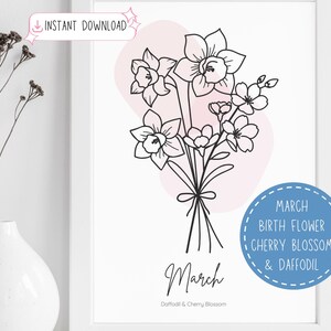 Mois de naissance Bouquet de fleurs Mars Cadeau Line Art Minimal Floral Prints Boho Picses Bélier Cadeau Fleur de cerisier Jonquille Téléchargement instantané
