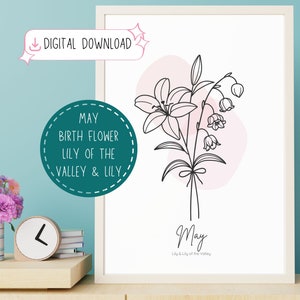 Birth Month Flower Bouquet May Gift Line Art Minimal Floral Prints Boho Taurus Gemini Lily of the Valley Gift Instant Download