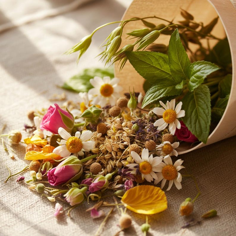 May include: A selection of dried herbs and flowers spilling from a brown paper cone. The arrangement features white daisies, pink roses, yellow petals, and green mint leaves, creating a natural, botanical theme.