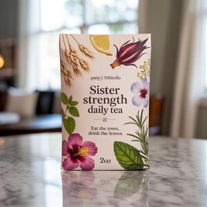 May include: A box of "Sister Strength Daily Tea" with floral and botanical illustrations. The package features the text "Eat the trees, drink the leaves" and the weight of the tea, 2oz.