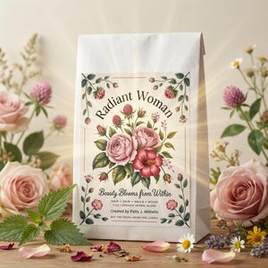 Puede incluir: Una bolsa de papel blanca con las palabras "Radiant Woman" y un dise&ntilde;o floral. La bolsa presenta un ramo de rosas rosas y rojas. El texto en la bolsa dice "Beauty Blooms from Within" y "2 OZ ORGANIC HERBAL BLEND".