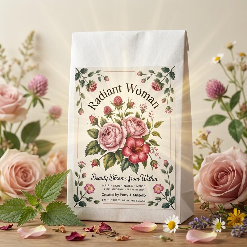 Puede incluir: Una bolsa de papel blanca con las palabras "Radiant Woman" y un dise&ntilde;o floral. La bolsa presenta un ramo de rosas rosas y rojas. El texto en la bolsa dice "Beauty Blooms from Within" y "2 OZ ORGANIC HERBAL BLEND".