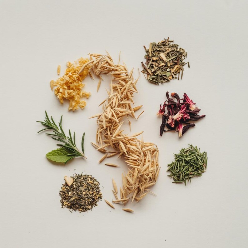 May include: An overhead shot displays various dried herbs and grains arranged on a white surface. The assortment includes golden-yellow flower buds, brown grains, green rosemary, and dark red hibiscus petals. The arrangement suggests ingredients for teas or culinary use.