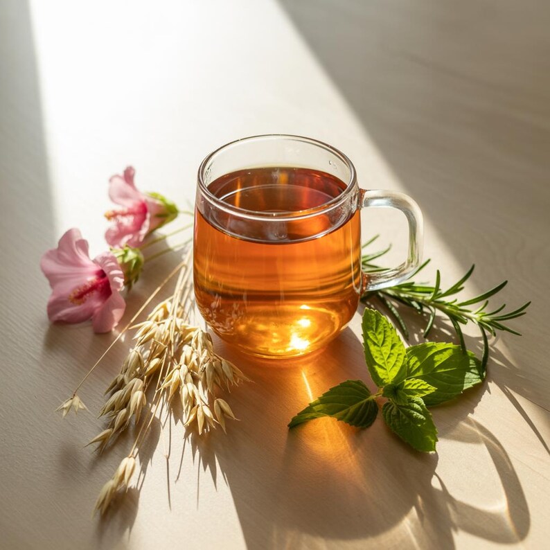 May include: A clear glass mug filled with amber-colored tea, set on a light wooden surface. Pink hibiscus flowers, sprigs of rosemary, mint leaves, and oat stalks are arranged around the mug, suggesting a herbal tea blend.