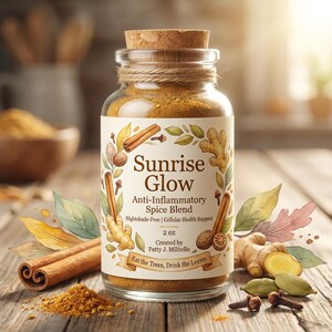 May include: A glass jar filled with Sunrise Glow spice blend, featuring a cork stopper and twine. The label includes text and illustrations of spices like cinnamon, ginger, and nutmeg. The jar contains 2 oz of the blend and is surrounded by whole spices on a wooden surface.
