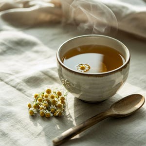 May include: A steaming cup of chamomile tea with a single flower floating on top. A wooden spoon and a small bunch of chamomile flowers are placed beside the cup. The scene is set on a textured, light-coloured surface.