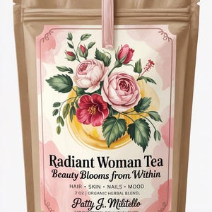 Puede incluir: Una bolsa marr&oacute;n con una etiqueta rosa con un dise&ntilde;o floral y el texto "Radiant Woman Tea". La etiqueta incluye el texto "Beauty Blooms from Within" y "2 OZ | ORGANIC HERBAL BLEND". Una cinta rosa est&aacute; sujeta en la parte superior.