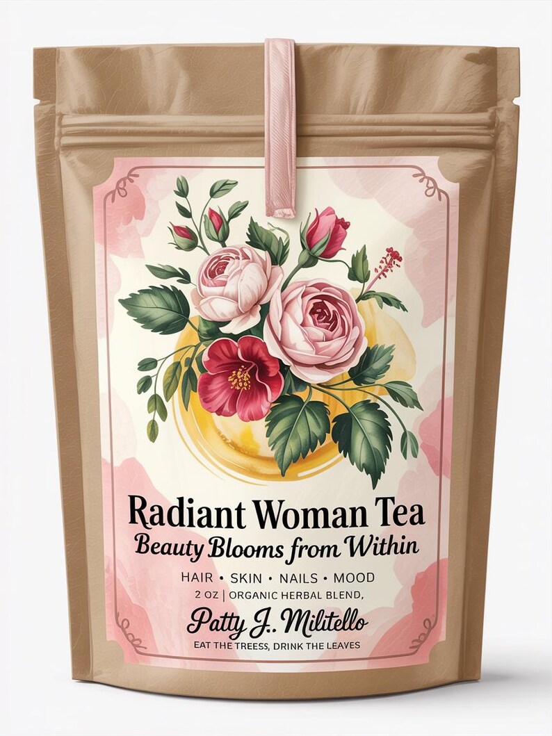 Puede incluir: Una bolsa marr&oacute;n con una etiqueta rosa con un dise&ntilde;o floral y el texto "Radiant Woman Tea". La etiqueta incluye el texto "Beauty Blooms from Within" y "2 OZ | ORGANIC HERBAL BLEND". Una cinta rosa est&aacute; sujeta en la parte superior.
