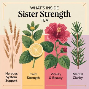 May include: An illustrated graphic for Sister Strength Tea, featuring wheat, lemon, a hibiscus flower, and rosemary. The text highlights benefits: Nervous System Support, Calm Strength, Vitality & Beauty, and Mental Clarity.
