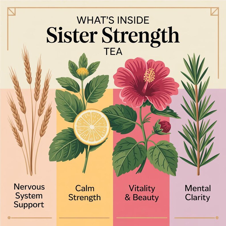 May include: An illustrated graphic for Sister Strength Tea, featuring wheat, lemon, a hibiscus flower, and rosemary. The text highlights benefits: Nervous System Support, Calm Strength, Vitality & Beauty, and Mental Clarity.