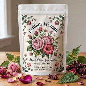 Puede incluir: Una bolsa blanca con las palabras "Radiant Woman" e ilustraciones florales. La bolsa contiene una mezcla de hierbas org&aacute;nicas para el cabello, la piel, las u&ntilde;as y el estado de &aacute;nimo. Tambi&eacute;n es visible el texto "Beauty Blooms from Within".