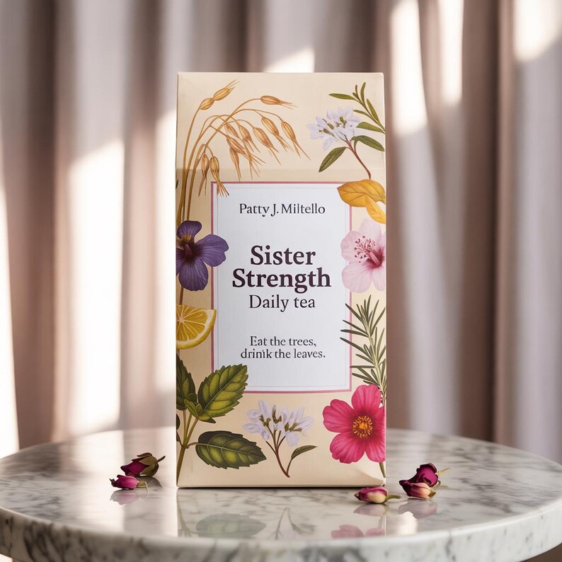May include: A beige tea box with floral and botanical illustrations, including purple pansies, pink hibiscus, and wheat stalks. The text on the box reads "Patty J. Miltello Sister Strength Daily tea" and "Eat the trees, drink the leaves."