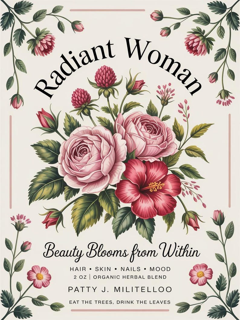 Puede incluir: Una etiqueta de estilo vintage con las palabras "Radiant Woman" sobre un arreglo floral de rosas rosas y un hibisco rojo. El texto "Beauty Blooms from Within" est&aacute; debajo, con informaci&oacute;n sobre los ingredientes y la marca.