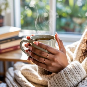 May include: A person holding a steaming, pale green mug of tea. The mug has a handle and is light green. The person wears a cream-coloured jumper and gold rings. A stack of books is visible in the background.