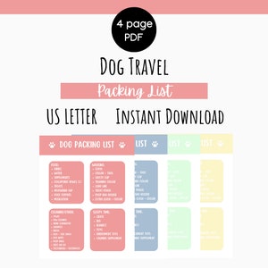 Lista de embalagem de viagem para cães, lista de verificação de viagem para cães, lista de embalagem de férias para cães, carta dos EUA, download instantâneo, PDF, modelo editável do Canva