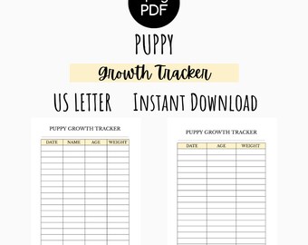 Könnte beinhalten: Druckbarer Welpenwachstumstracker im US-Letter-Format. Der Tracker hat zwei Seiten mit Spalten für Datum, Name, Alter und Gewicht.