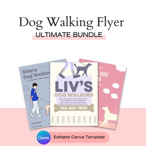 Puede incluir: Tres plantillas de folletos para pasear perros con ilustraciones de personas paseando perros. Los folletos son de color azul, rosa y morado con texto blanco. El texto incluye los nombres "Ollie's Dog Walkin", "LIV'S DOG WALKING" y "Dog Walking". El número de teléfono 123-456-7890 está incluido en el folleto morado.