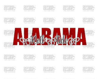 May include: Red and white graphic with the text "ALABAMA Roll Tide" in a distressed font with hearts around the words "Roll Tide".