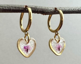 14k Gold Plated Heart Flower Huggie Earrings, Chrome Heart Earrings, Heart-Shaped Earrings