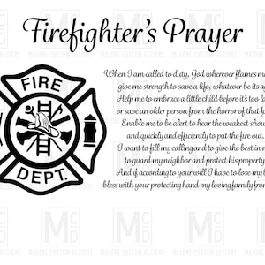 Puede incluir: Ilustración en blanco y negro de un casco de bombero, una escalera, una manguera y una boca de incendios dentro de una cruz de Malta del departamento de bomberos con las palabras "FIRE DEPT." El texto debajo dice "Firefighter's Prayer" e incluye una oración para los bomberos.