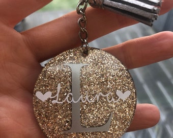 Personalised glitter keyring / keychain with tassel and hearts