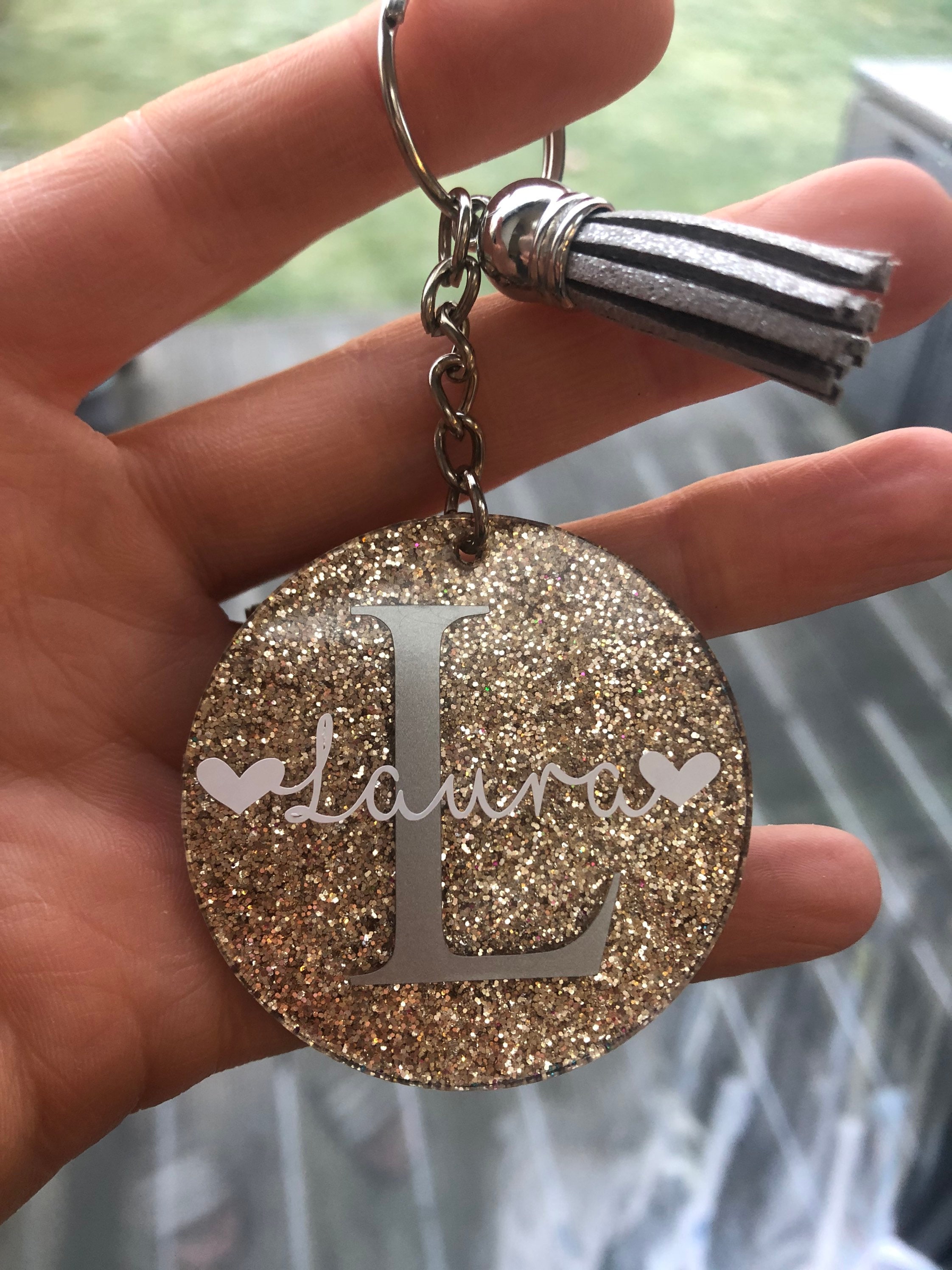 Personalised glitter keyring / keychain with tassel and hearts Etsy