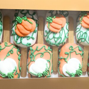 May include: A box of decorated cake pops. The pops are shaped like pumpkins and gourds, with orange and green icing details. The pops are on wooden sticks and arranged in a clear box.