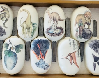 May include: A collection of ten white, oval-shaped cake pops with gray sticks, each decorated with a different watercolor illustration of dinosaurs, eggs, and prehistoric plants. The pops are arranged in a brown box.